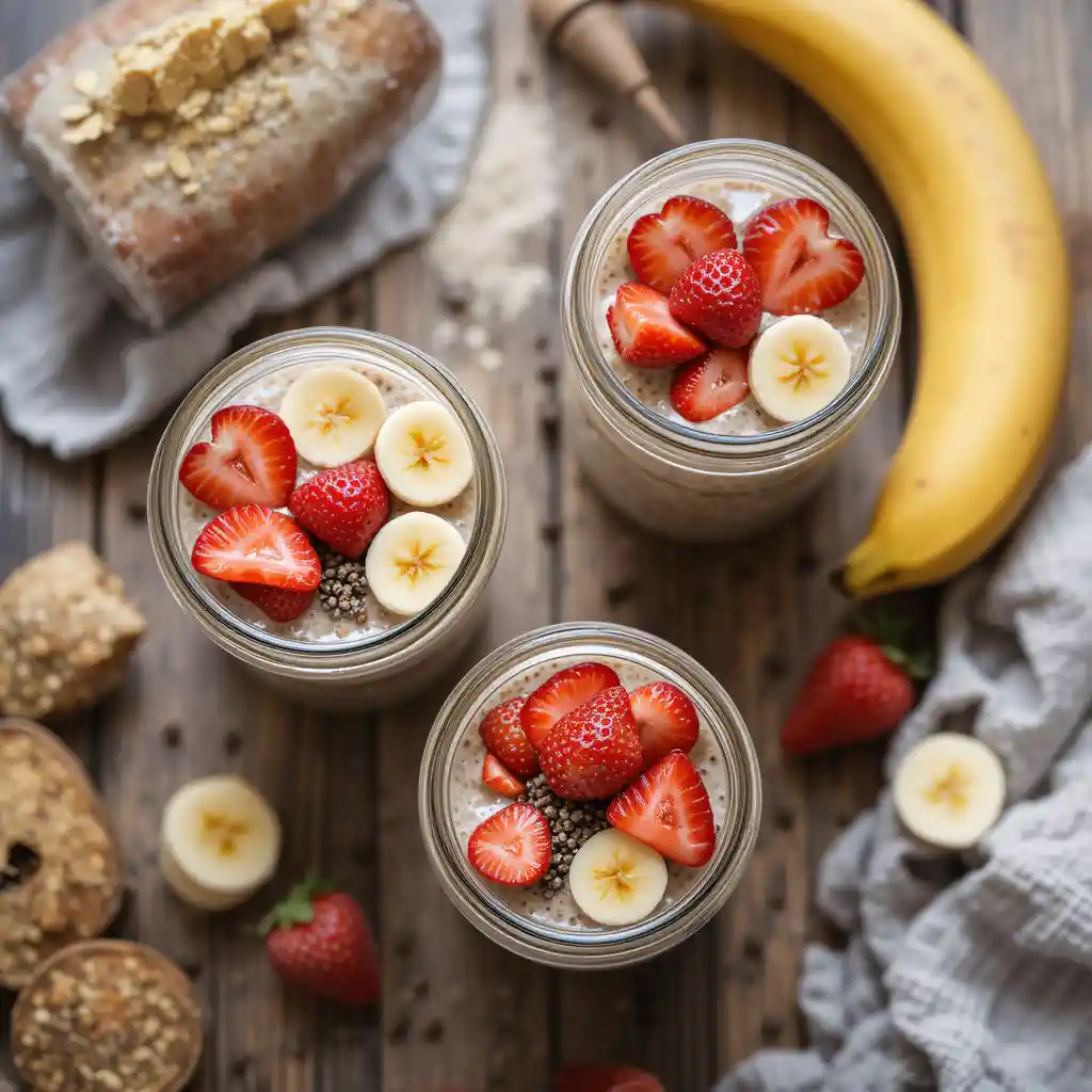 overnight oats com frutas, aveia e leite em potes de vidro como opção saudável para café da manhã