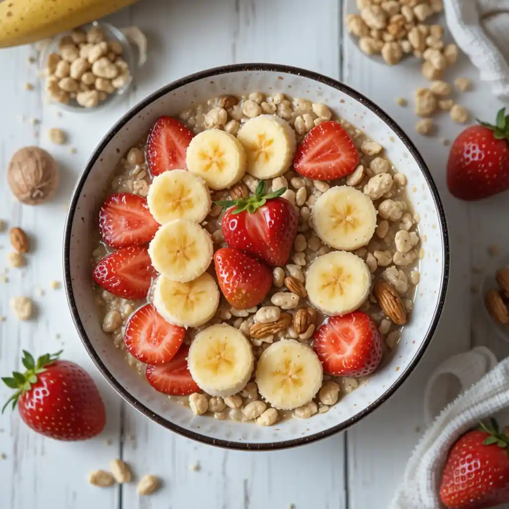 banana, morango e aveia em uma tigela, representando oque comer de pré treino de manhã