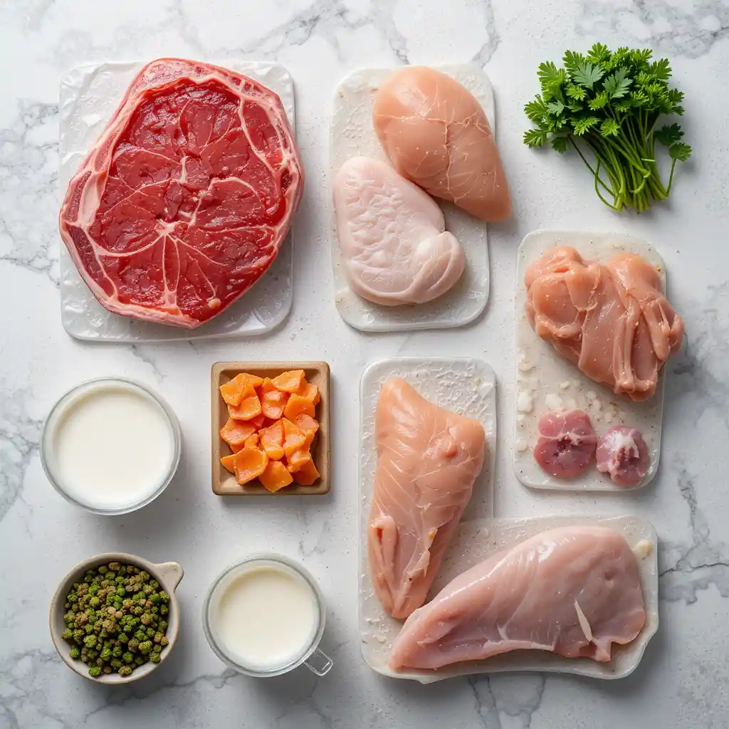 Lista com os principais alimentos que têm creatina em uma mesa rústica