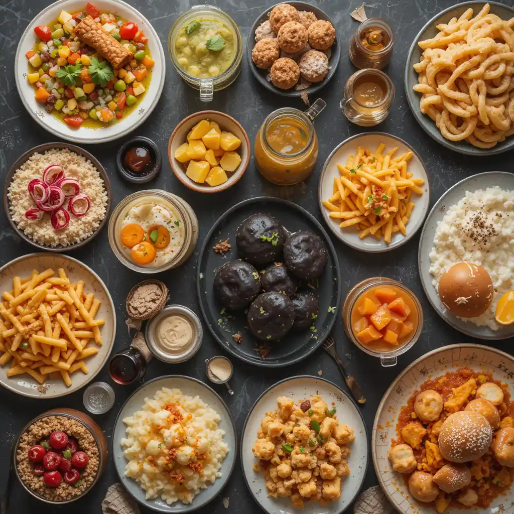 Alimentos que devem ser evitados por quem tem diabetes, como refrigerantes, doces e alimentos industrializados.