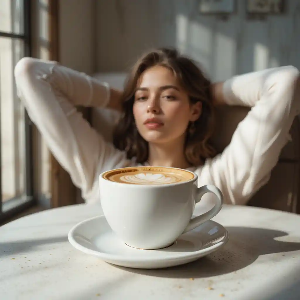 Pessoa relaxando enquanto toma café descafeinado e aproveita os benefícios para a saúde