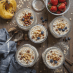 overnight oats com frutas, aveia e leite em potes de vidro como opção saudável para café da manhã