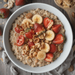 tigela de aveia com frutas e castanhas no café da manhã saudável representando os benefícios da aveia