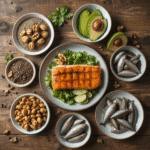 alimentos ricos em ômega-3 como salmão, nozes, chia e linhaça em uma mesa de madeira saudável