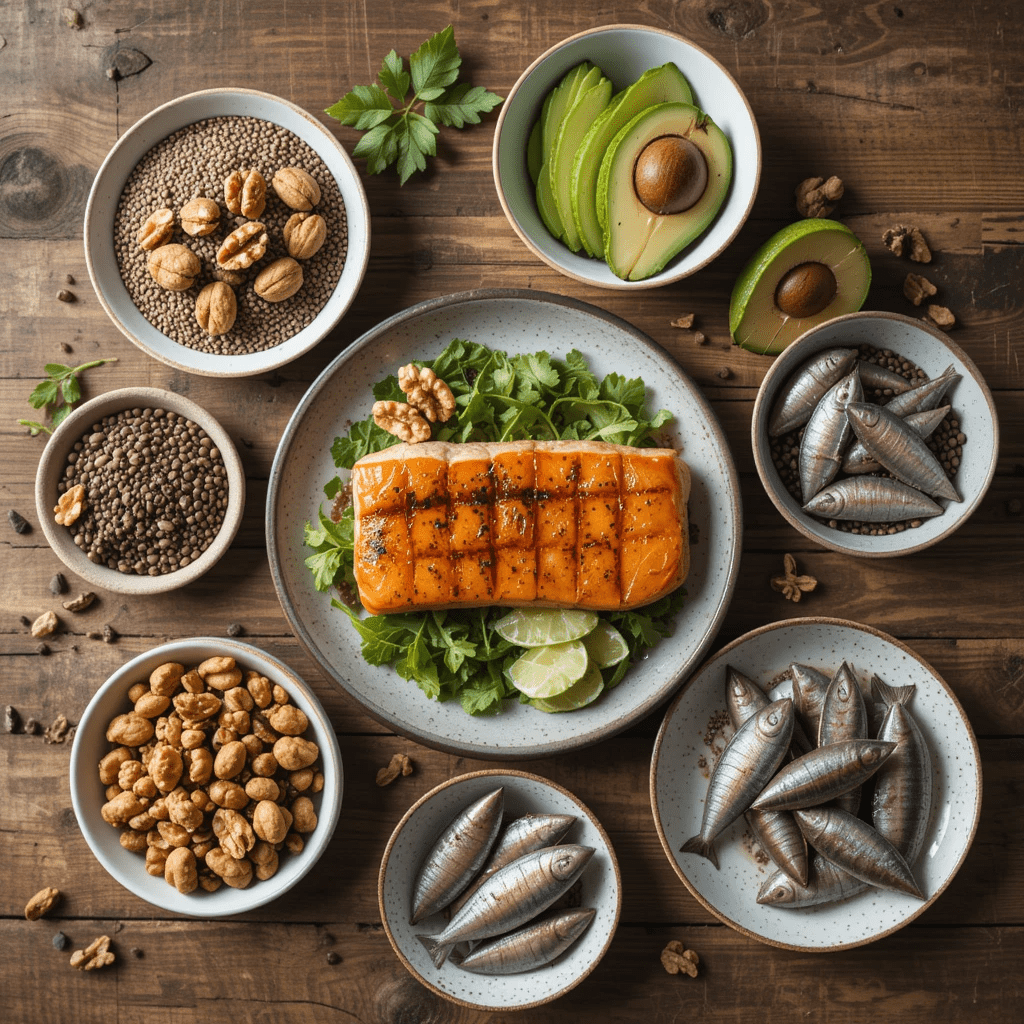 alimentos ricos em ômega-3 como salmão, nozes, chia e linhaça em uma mesa de madeira saudável