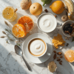 Alimentos que aumentam a imunidade dispostos em uma mesa saudável de café da manhã