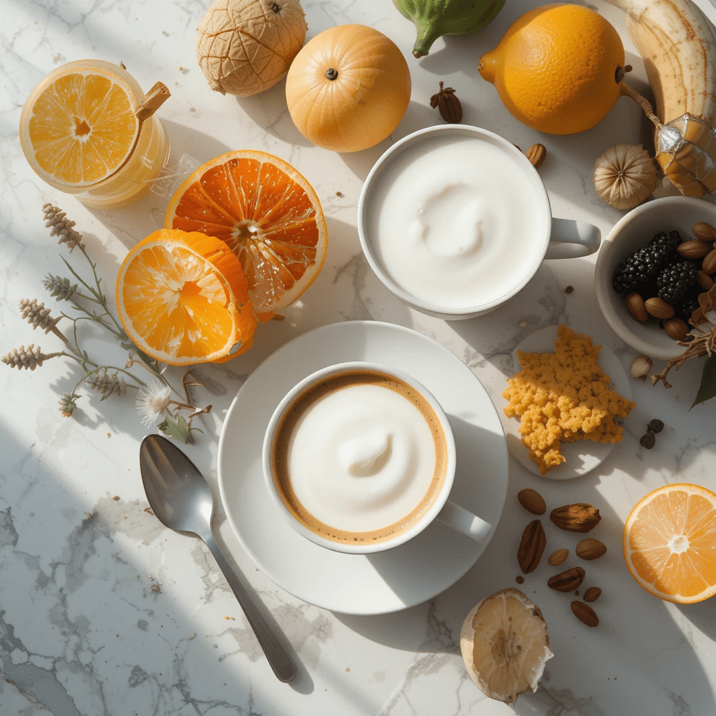 Alimentos que aumentam a imunidade dispostos em uma mesa saudável de café da manhã