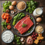 Alimentos que têm creatina como carne, salmão e ovos sobre mesa de madeira