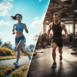 Capa do artigo sobre exercícios aeróbicos e anaeróbicos com imagem dividida entre corrida e musculação