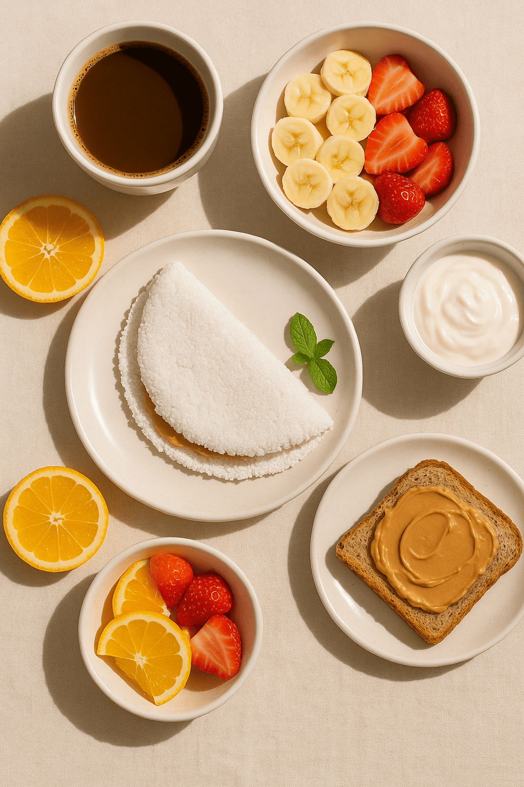 Mesa com diferentes opções do o que comer de pré treino de manhã como frutas, pão integral e iogurte