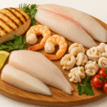 Variedades de carne branca incluindo frango, peixe e frutos do mar dispostos em tábua de madeira com ervas frescas