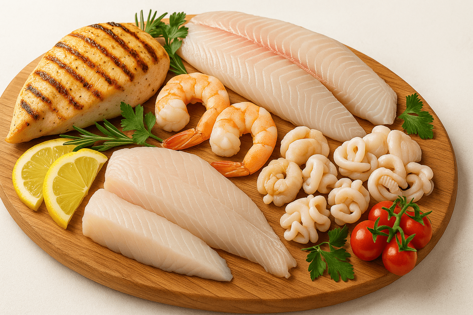 Variedades de carne branca incluindo frango, peixe e frutos do mar dispostos em tábua de madeira com ervas frescas