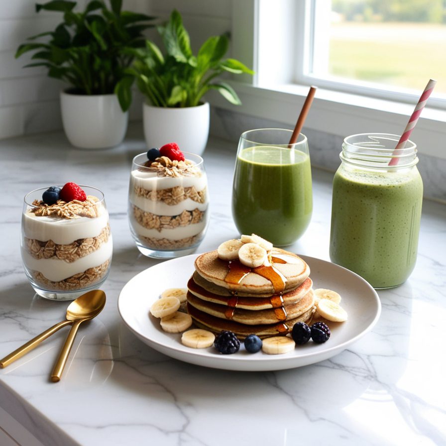 Opções vegetarianas de lanches pós treino: parfait de iogurte com aveia, panquecas de banana e smoothie verde proteico