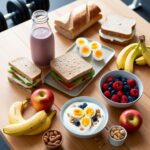 "Variedade de lanches pós treino saudáveis incluindo smoothie proteico, sanduíche integral e iogurte com frutas dispostos sobre mesa de madeira