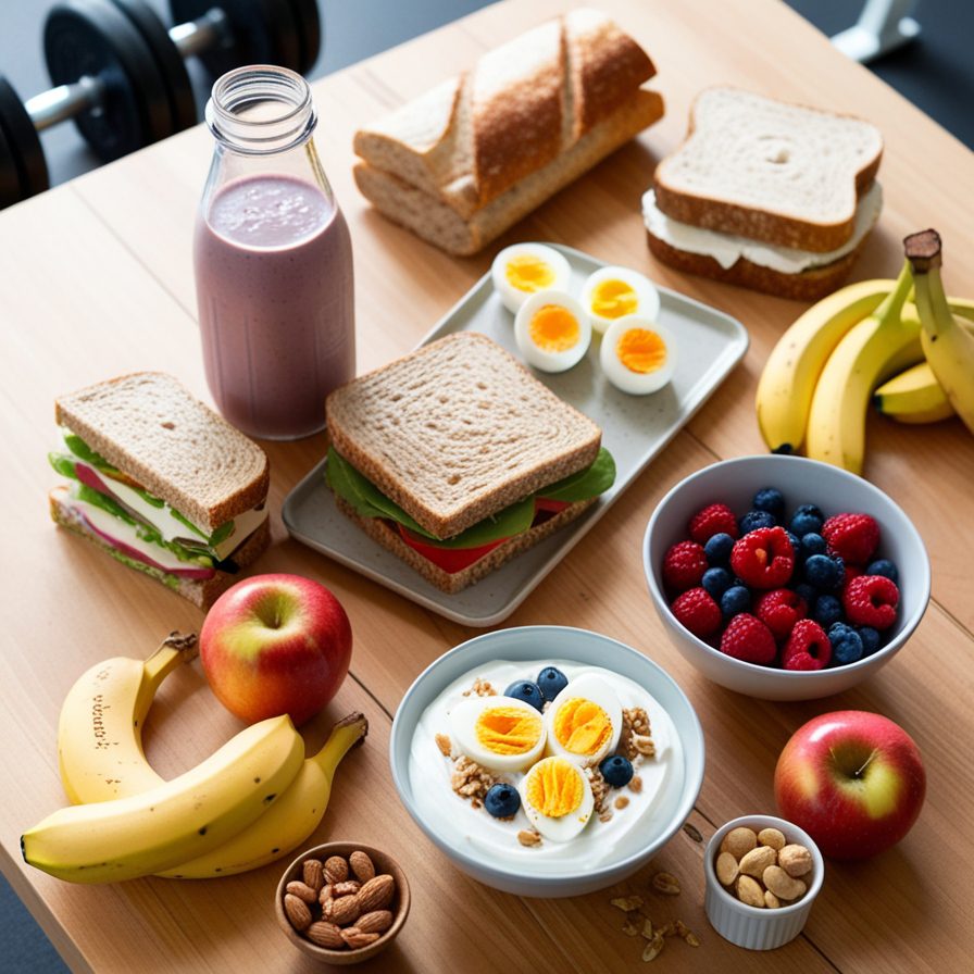 "Variedade de lanches pós treino saudáveis incluindo smoothie proteico, sanduíche integral e iogurte com frutas dispostos sobre mesa de madeira